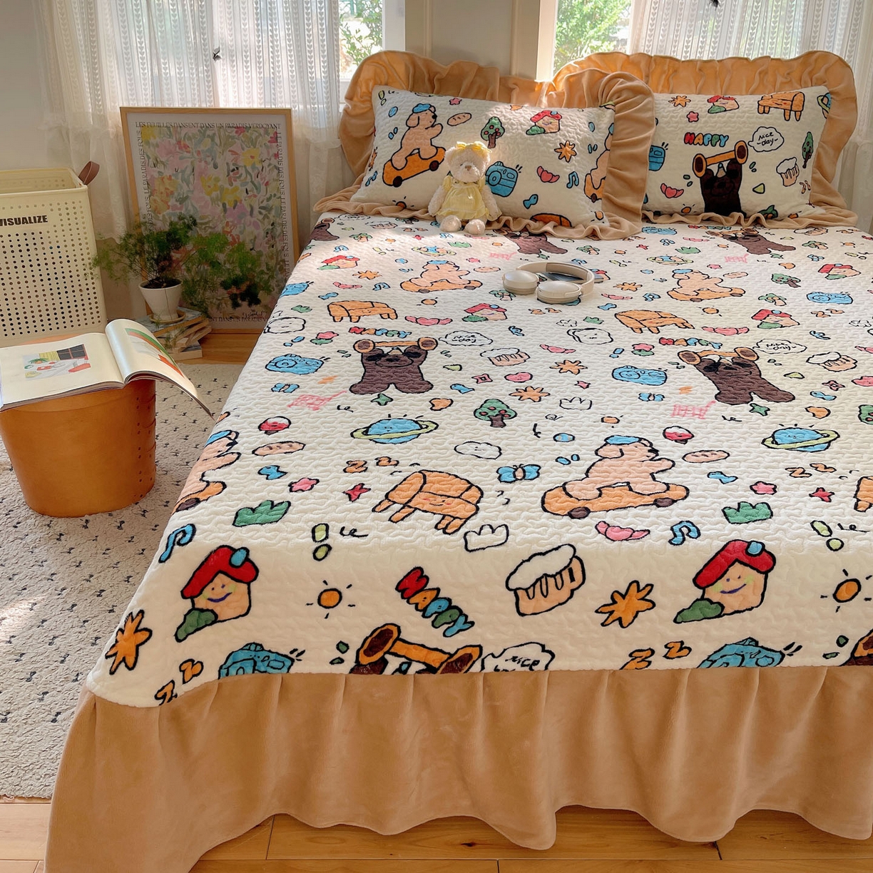 红嘴企鹅 2025新款花边加厚牛奶绒单品床盖单件床盖三件套 大力