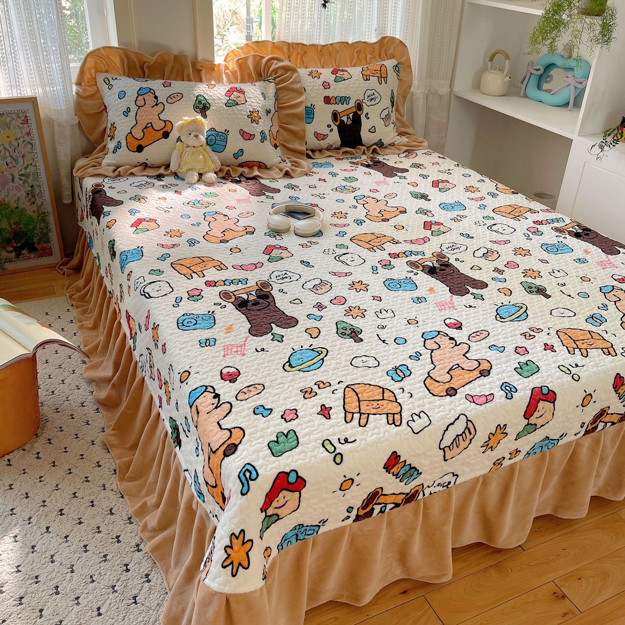 91家纺网 家纺一手货源 找家纺 红嘴企鹅 2025新款花边加厚牛奶绒单品床盖单件床盖三件套 大力