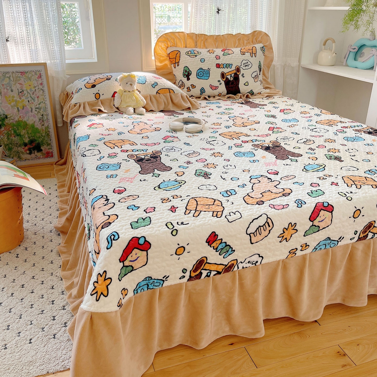 91家纺网 家纺一手货源 找家纺 红嘴企鹅 2025新款花边加厚牛奶绒单品床盖单件床盖三件套 大力