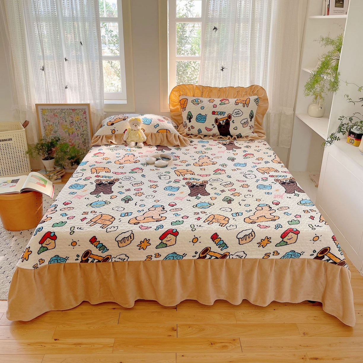 91家纺网 家纺一手货源 找家纺 红嘴企鹅 2025新款花边加厚牛奶绒单品床盖单件床盖三件套 大力