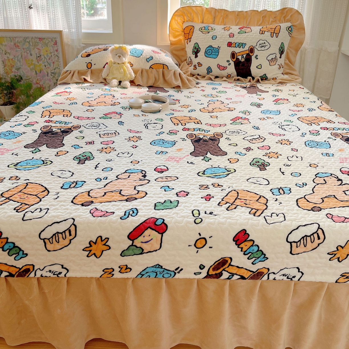 91家纺网 家纺一手货源 找家纺 红嘴企鹅 2025新款花边加厚牛奶绒单品床盖单件床盖三件套 大力