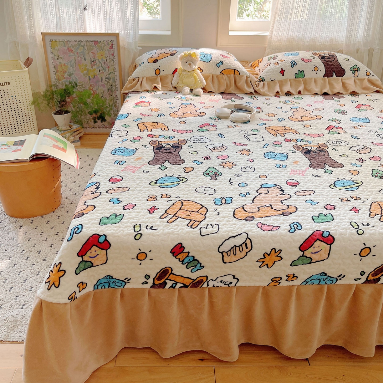 91家纺网 家纺一手货源 找家纺 红嘴企鹅 2025新款花边加厚牛奶绒单品床盖单件床盖三件套 大力