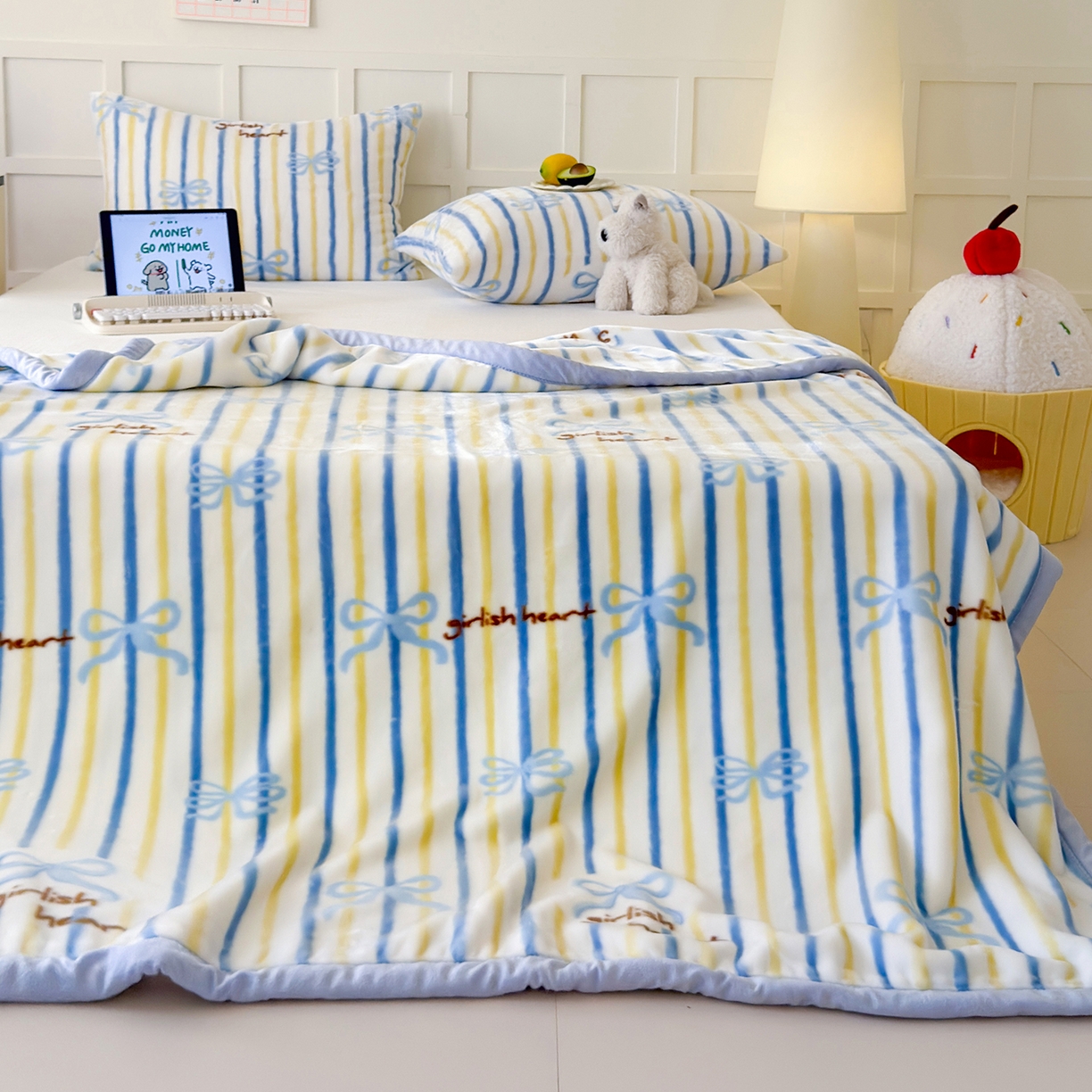 91家纺网 家纺一手货源 找家纺 舒隅家纺 2025新款双层印花云毯毛毯毯子 韩系蝴蝶结