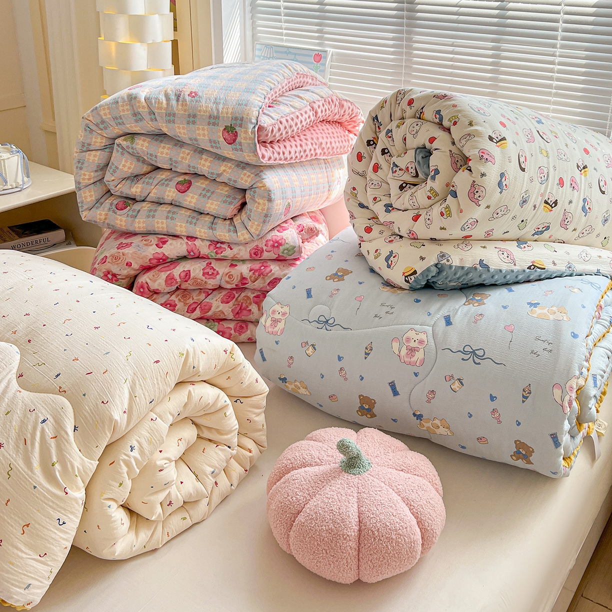 91家纺网 家纺一手货源 找家纺 （总）优选 2025新款木棉双层纱ins少女心可爱加厚豆豆冬被四件套床盖三件套暖梦小红书推荐