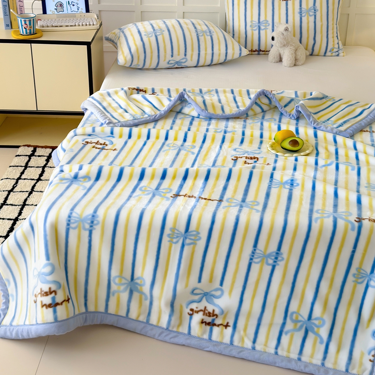 91家纺网 家纺一手货源 找家纺 舒隅家纺 2025新款双层印花云毯毛毯毯子 韩系蝴蝶结