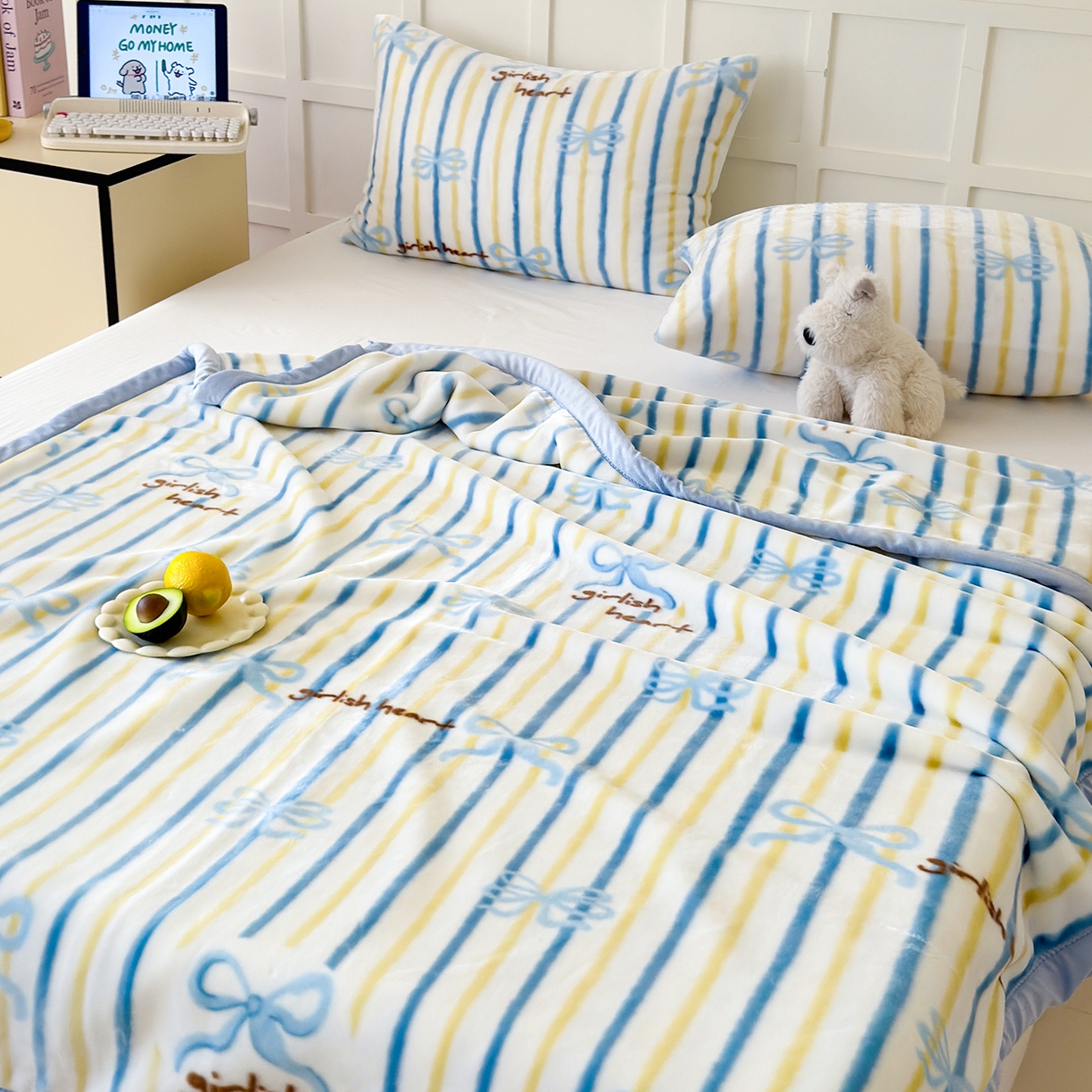 91家纺网 家纺一手货源 找家纺 舒隅家纺 2025新款双层印花云毯毛毯毯子 韩系蝴蝶结