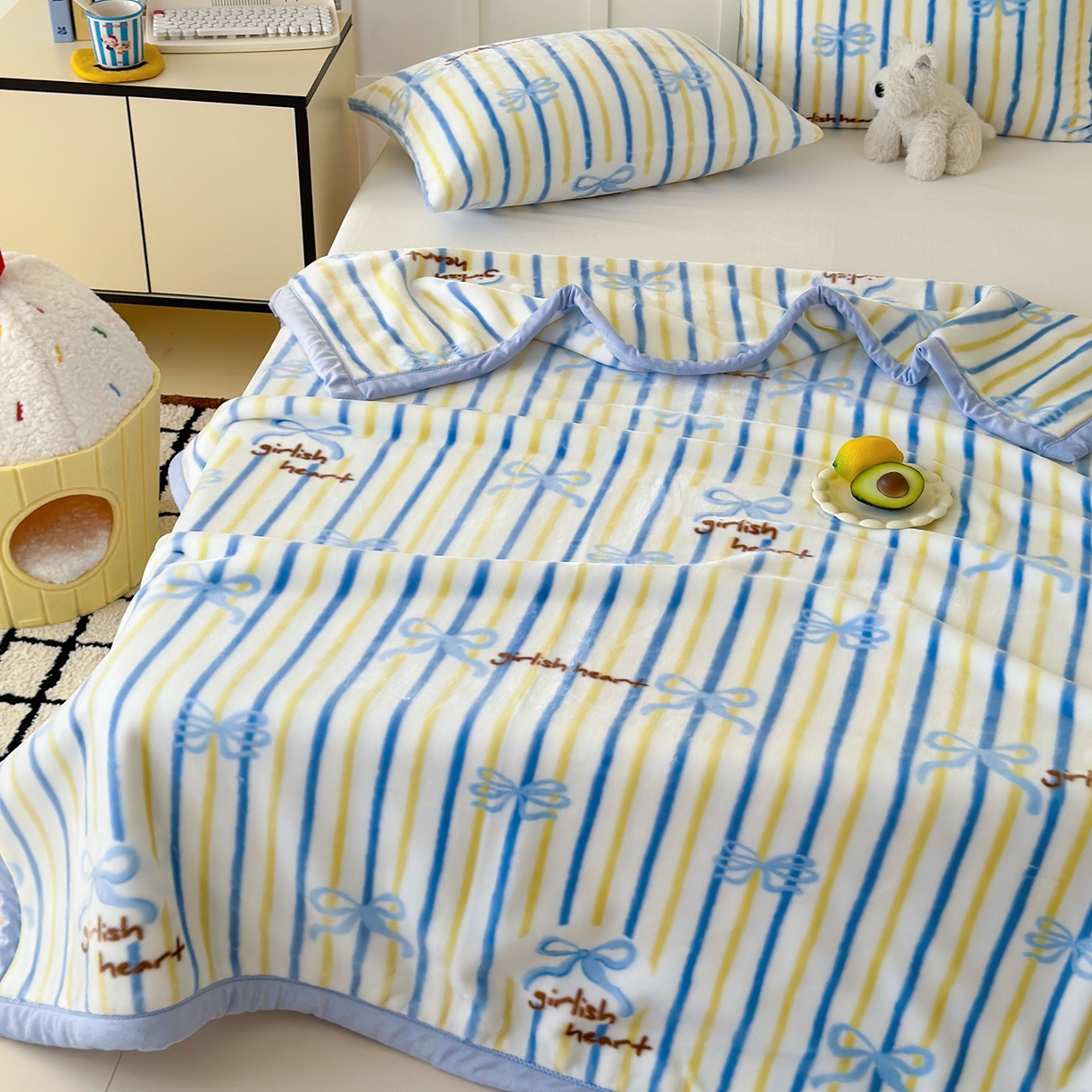 91家纺网 家纺一手货源 找家纺 舒隅家纺 2025新款双层印花云毯毛毯毯子 韩系蝴蝶结