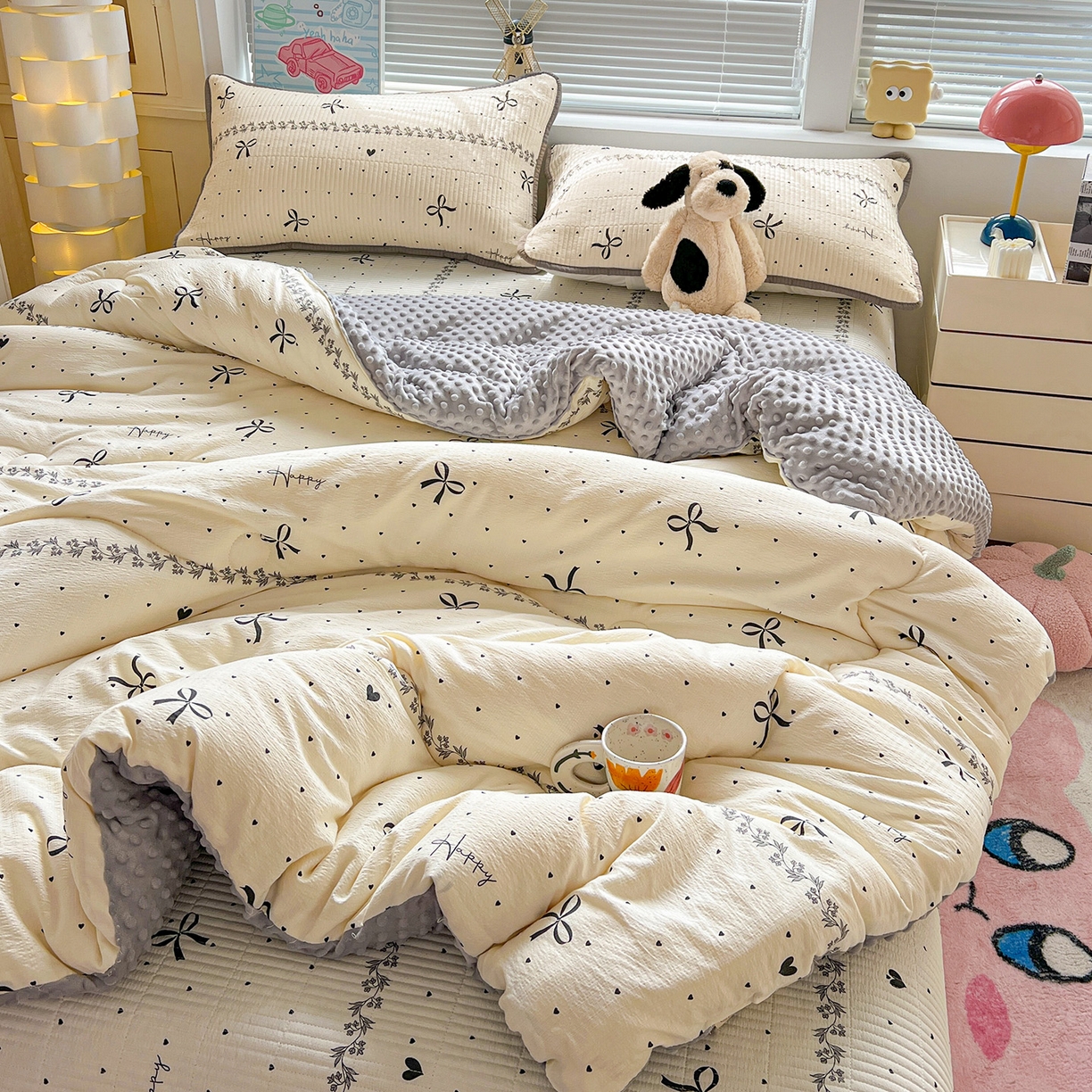 91家纺网 家纺一手货源 找家纺 优选 2025新款木棉双层纱ins少女心可爱加厚豆豆冬被四件套床盖三件套暖梦小红书推荐 点点爱心