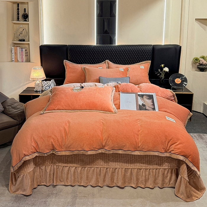 91家纺网 家纺一手货源 找家纺 芷卧 2025新款高克重牛奶绒四件套床盖款 马亚尔-爱桔