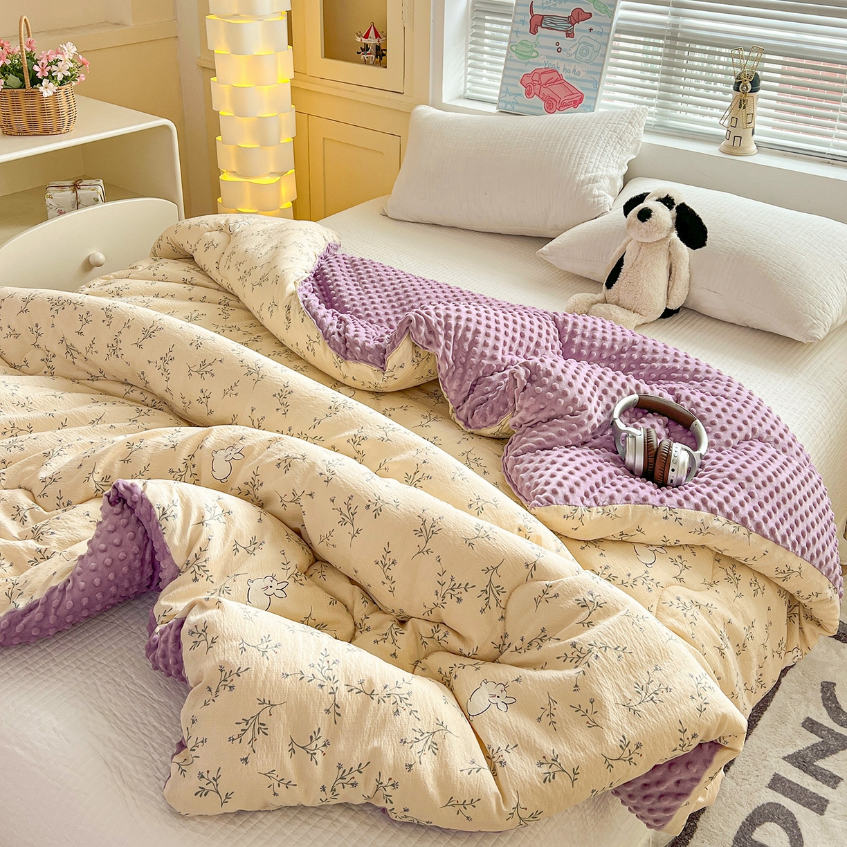 91家纺网 家纺一手货源 找家纺 优选 2025新款木棉双层纱ins少女心可爱加厚豆豆冬被四件套床盖三件套暖梦小红书推荐 花花兔兔