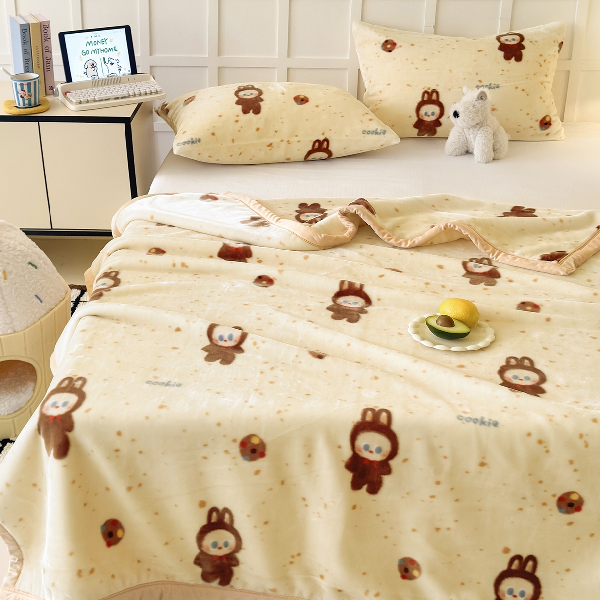 91家纺网 家纺一手货源 找家纺 舒隅家纺 2025新款双层印花云毯毛毯毯子 曲奇布布