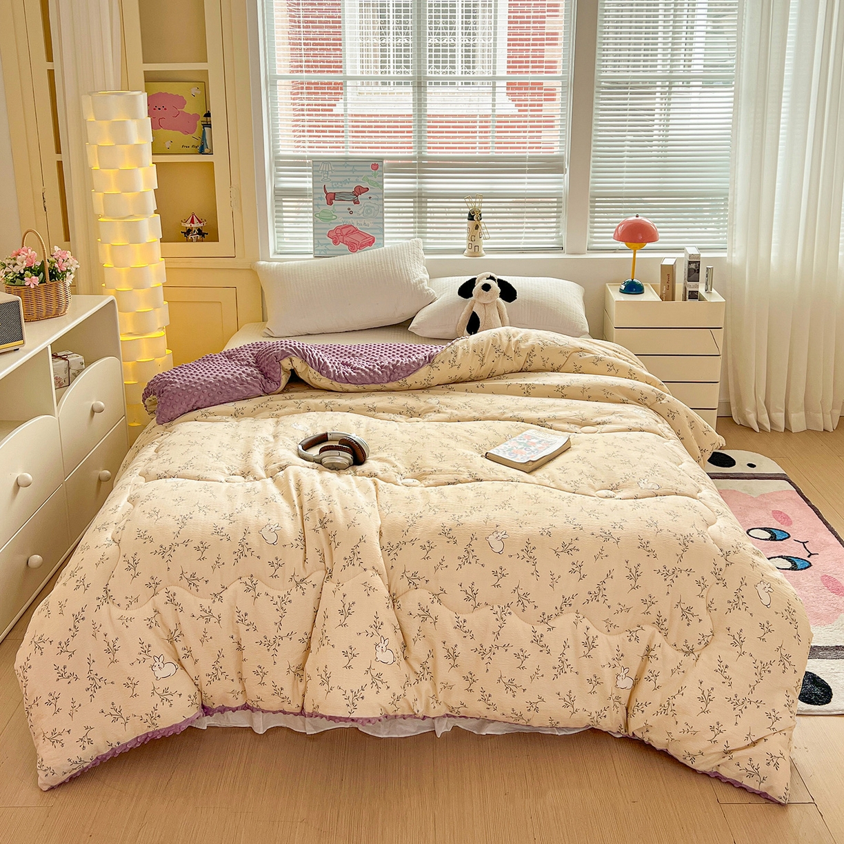 91家纺网 家纺一手货源 找家纺 优选 2025新款木棉双层纱ins少女心可爱加厚豆豆冬被四件套床盖三件套暖梦小红书推荐 花花兔兔