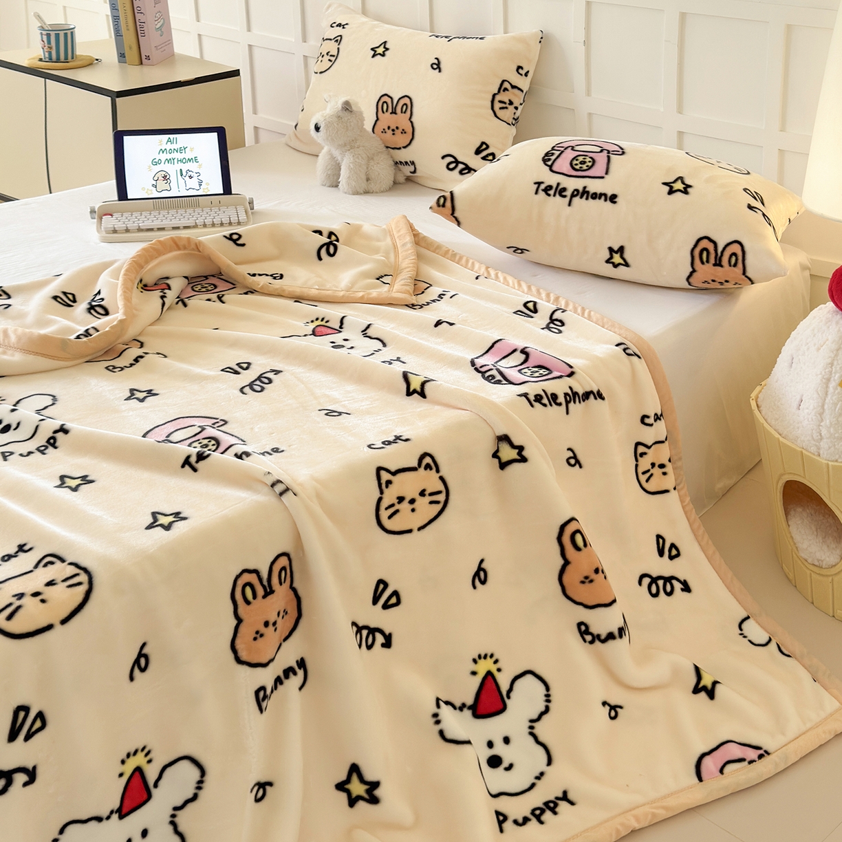 91家纺网 家纺一手货源 找家纺 舒隅家纺 2025新款双层印花云毯毛毯毯子 晚安班尼-米