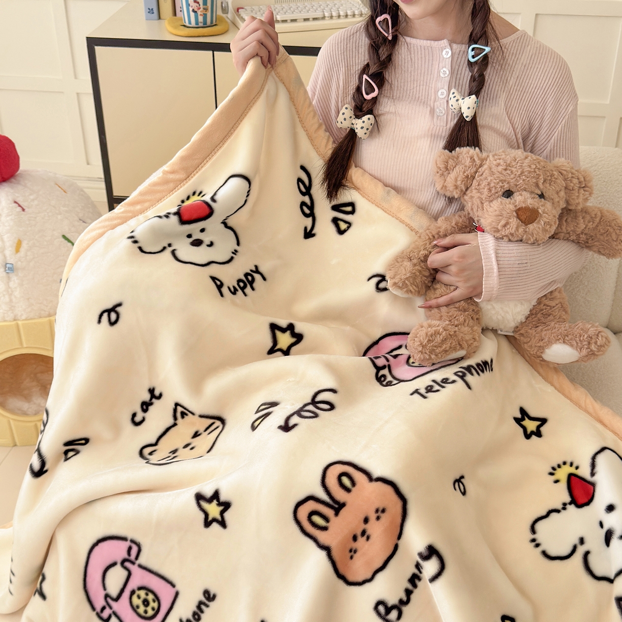 91家纺网 家纺一手货源 找家纺 舒隅家纺 2025新款双层印花云毯毛毯毯子 晚安班尼-米