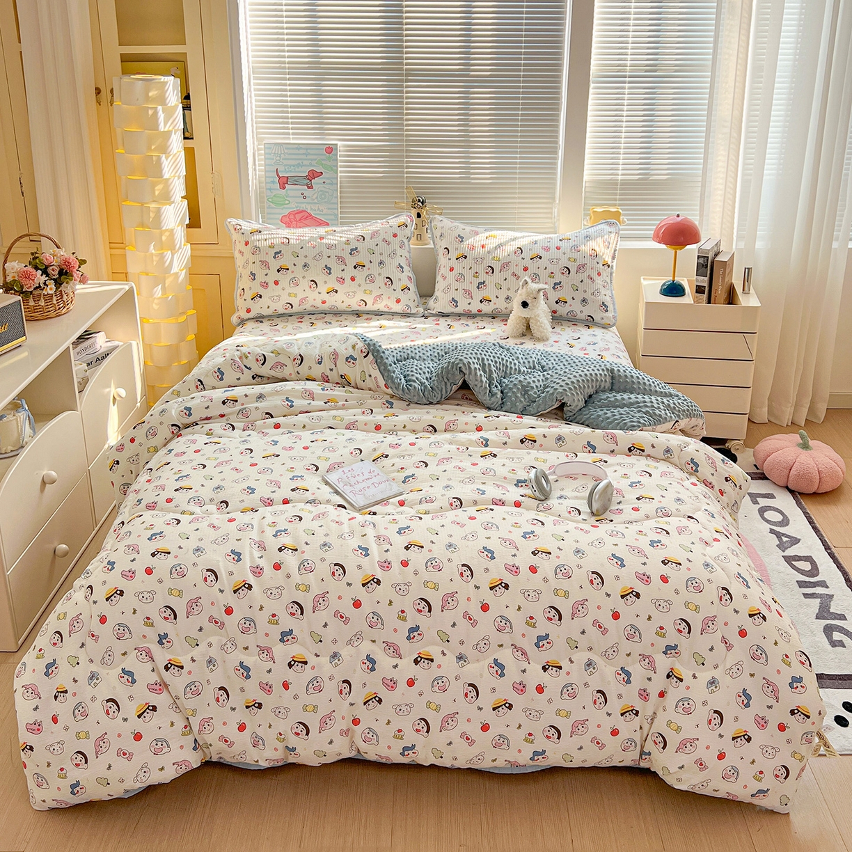 91家纺网 家纺一手货源 找家纺 优选 2025新款木棉双层纱ins少女心可爱加厚豆豆冬被四件套床盖三件套暖梦小红书推荐 快乐小新