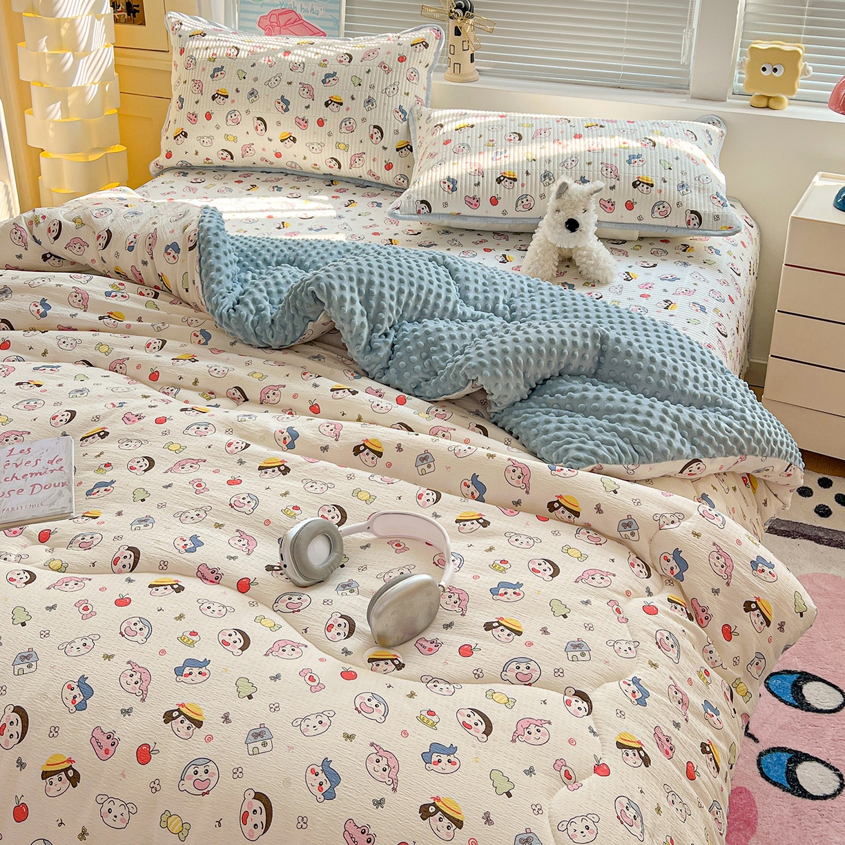 91家纺网 家纺一手货源 找家纺 优选 2025新款木棉双层纱ins少女心可爱加厚豆豆冬被四件套床盖三件套暖梦小红书推荐 快乐小新