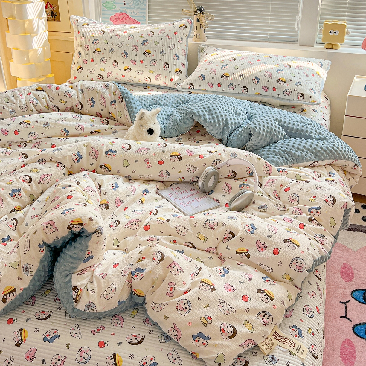 91家纺网 家纺一手货源 找家纺 优选 2025新款木棉双层纱ins少女心可爱加厚豆豆冬被四件套床盖三件套暖梦小红书推荐 快乐小新