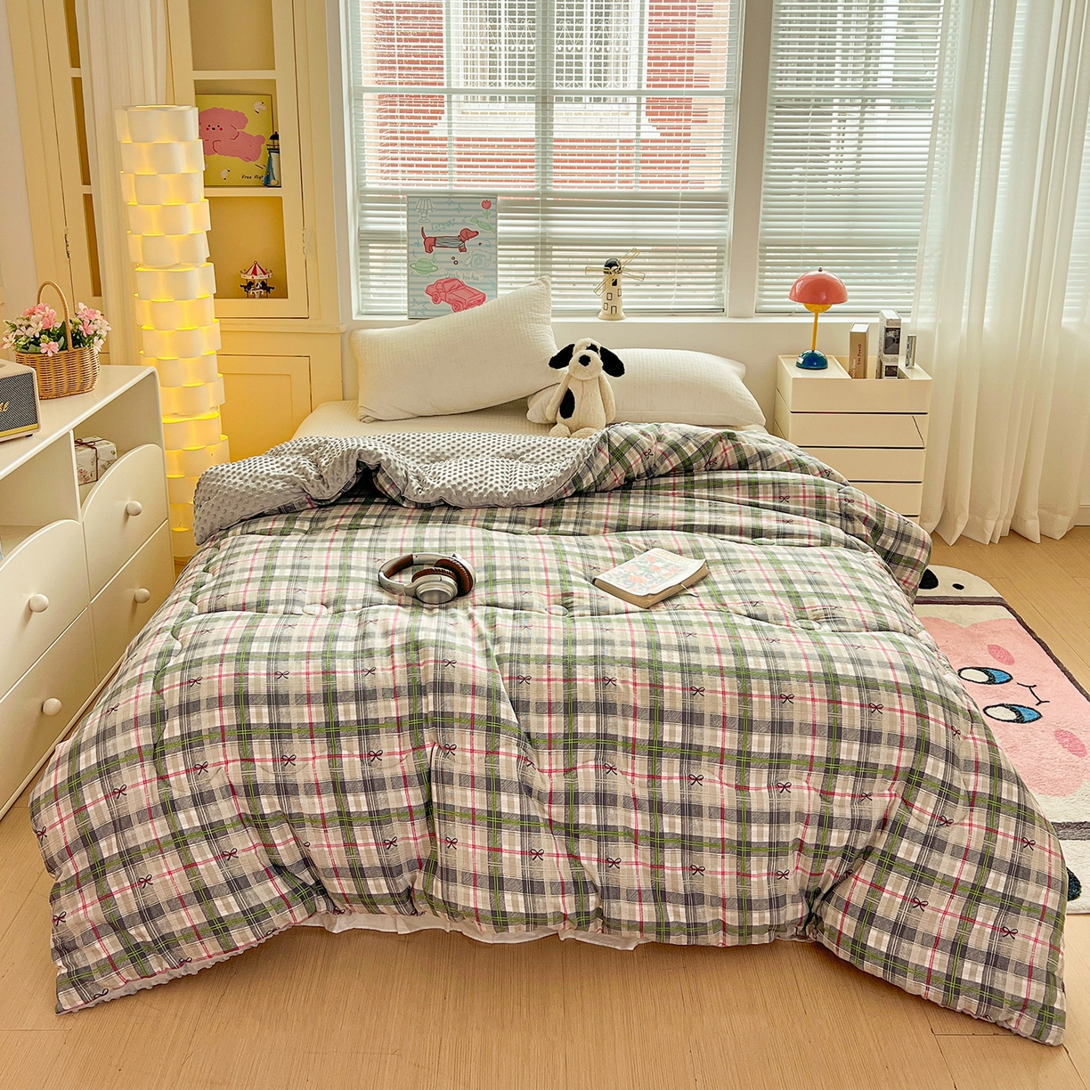 91家纺网 家纺一手货源 找家纺 优选 2025新款木棉双层纱ins少女心可爱加厚豆豆冬被四件套床盖三件套暖梦小红书推荐 绿色条格