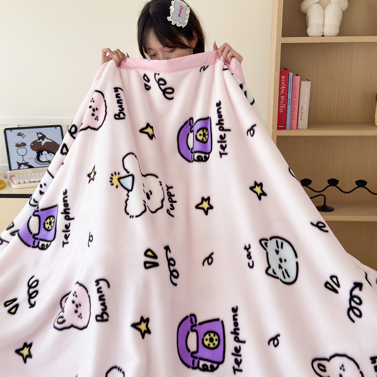 91家纺网 家纺一手货源 找家纺 舒隅家纺 2025新款双层印花云毯毛毯毯子 晚安班尼-粉