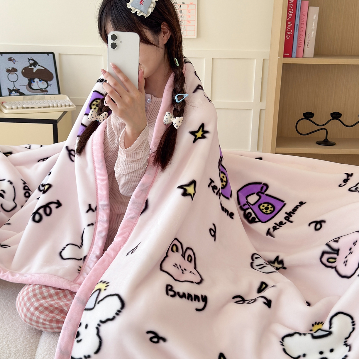 91家纺网 家纺一手货源 找家纺 舒隅家纺 2025新款双层印花云毯毛毯毯子 晚安班尼-粉