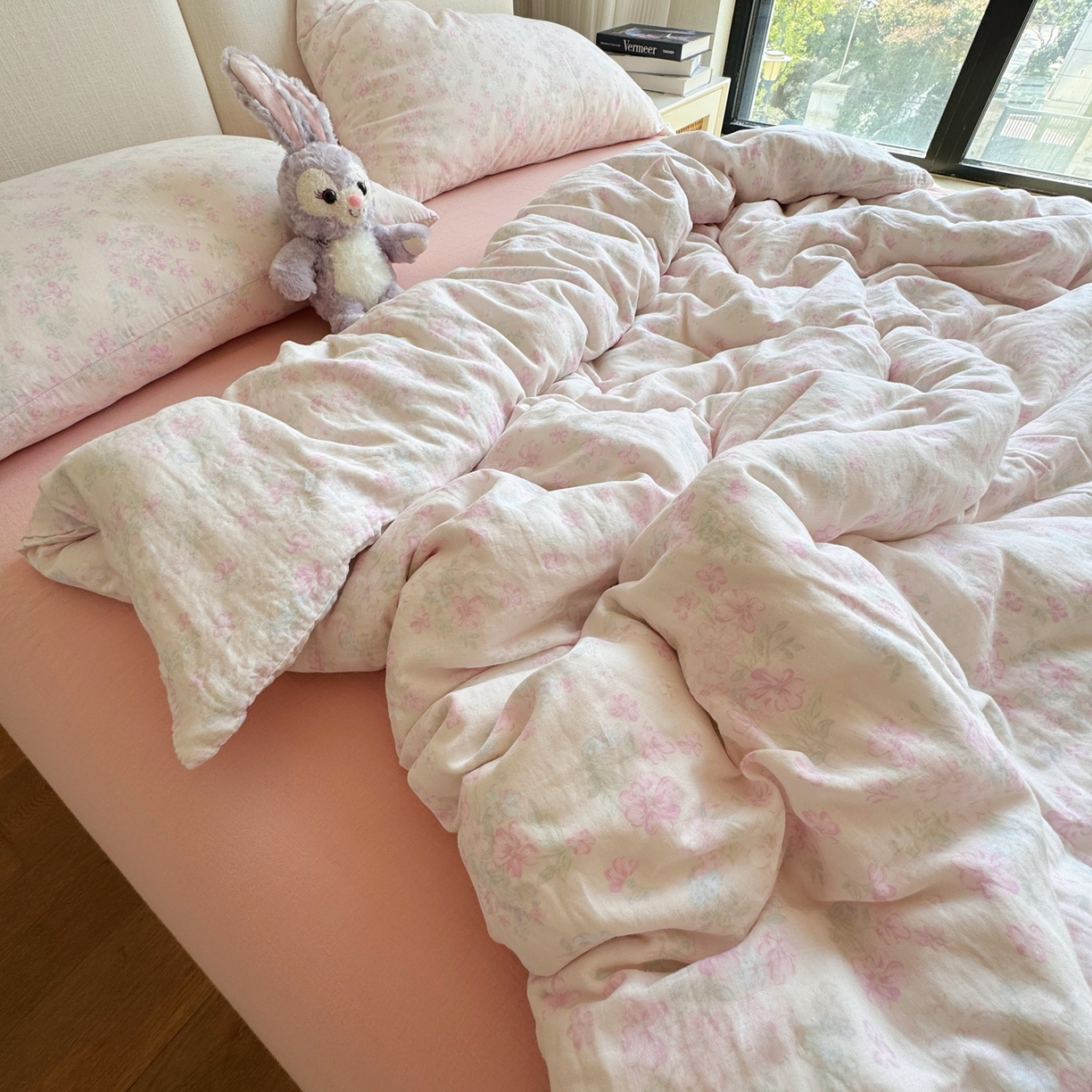 91家纺网 家纺一手货源 找家纺 8+8 2025新款全棉A类母婴级抗菌有氧全棉双层纱亲肤全棉小清新印花三件套四件套 简约款-爱丽丝