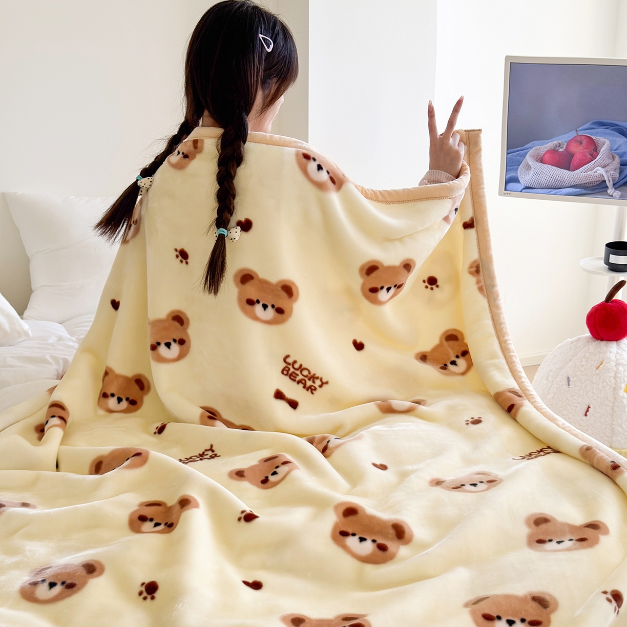 91家纺网 家纺一手货源 找家纺 舒隅家纺 2025新款双层印花云毯毛毯毯子 可爱小熊
