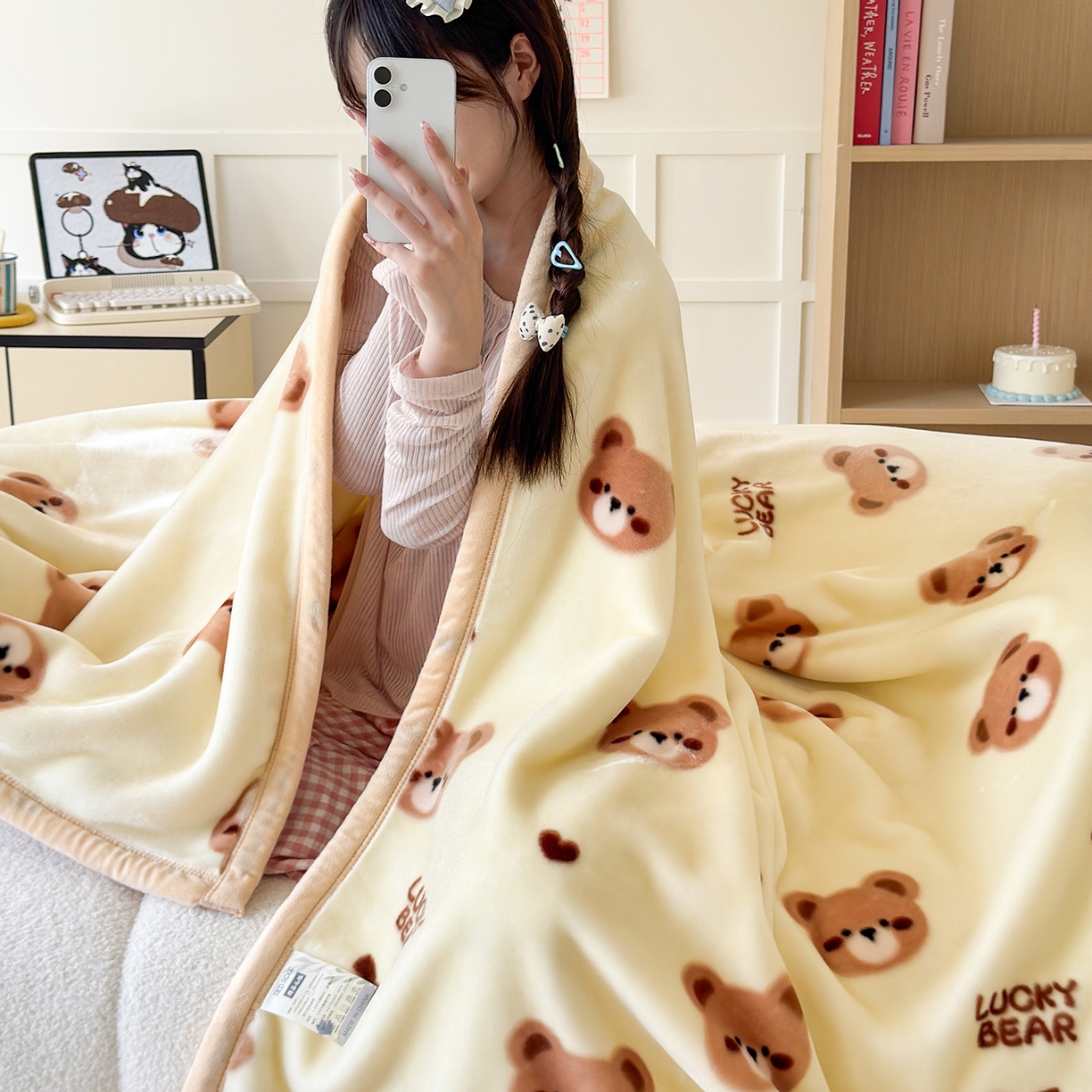 91家纺网 家纺一手货源 找家纺 舒隅家纺 2025新款双层印花云毯毛毯毯子 可爱小熊