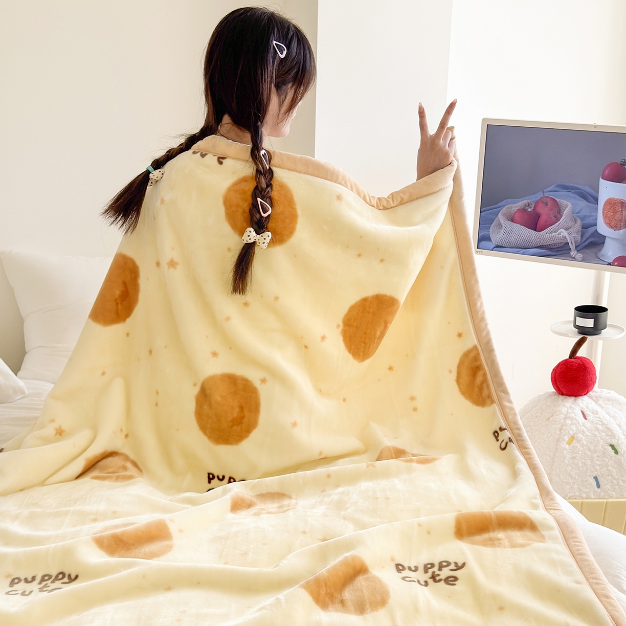 91家纺网 家纺一手货源 找家纺 舒隅家纺 2025新款双层印花云毯毛毯毯子 梦幻波点-棕