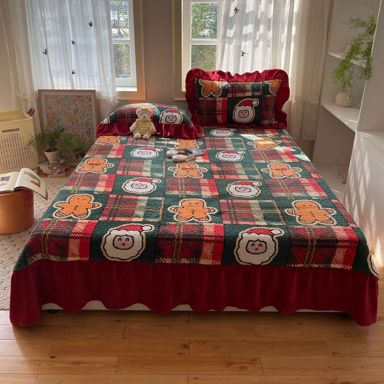 91家纺网 家纺一手货源 找家纺 红嘴企鹅 2025新款花边加厚牛奶绒单品床盖单件床盖三件套 圣诞老人