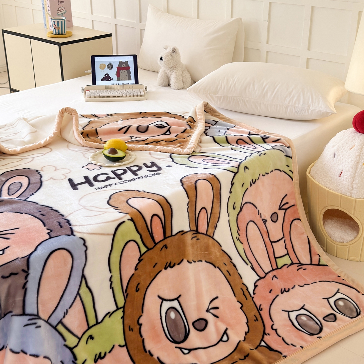 91家纺网 家纺一手货源 找家纺 舒隅家纺 2025新款大版印花云毯毛毯毯子 萌趣派对