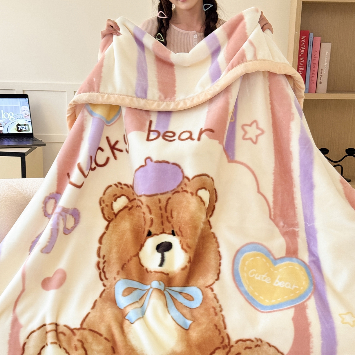 舒隅家纺 2025新款大版印花云毯毛毯毯子 小熊日记