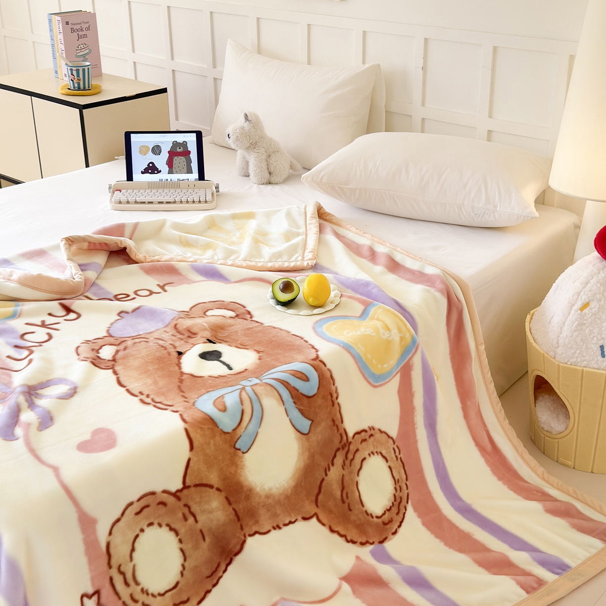 91家纺网 家纺一手货源 找家纺 舒隅家纺 2025新款大版印花云毯毛毯毯子 小熊日记