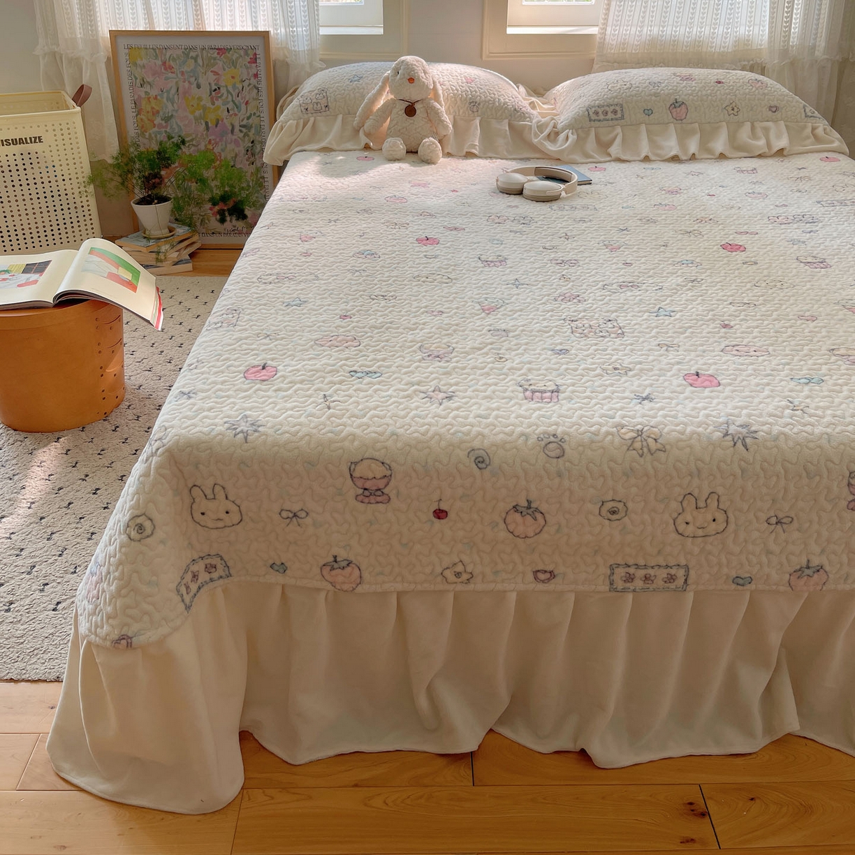 红嘴企鹅 2025新款花边加厚牛奶绒单品床盖单件床盖三件套 小星甜点