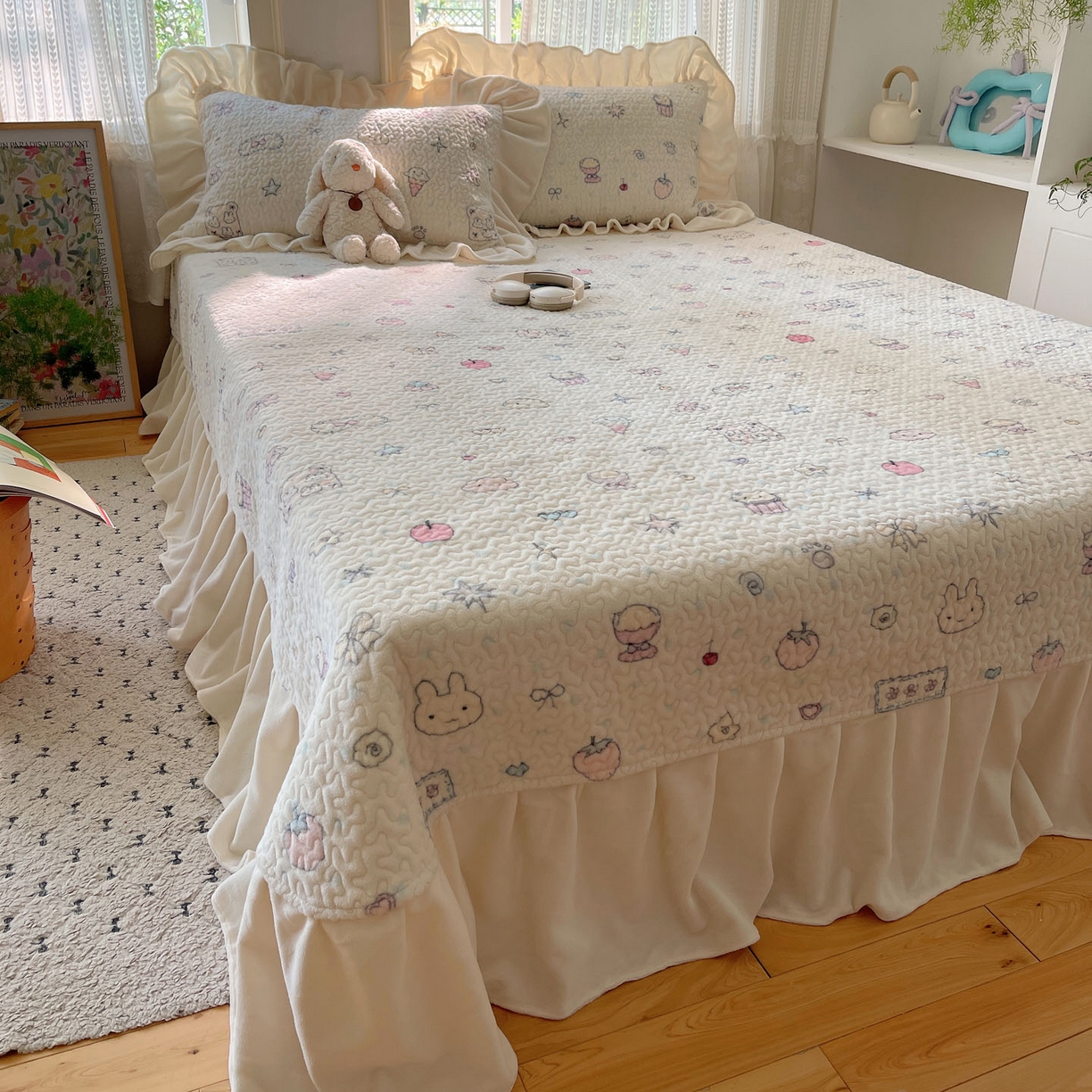 91家纺网 家纺一手货源 找家纺 红嘴企鹅 2025新款花边加厚牛奶绒单品床盖单件床盖三件套 小星甜点