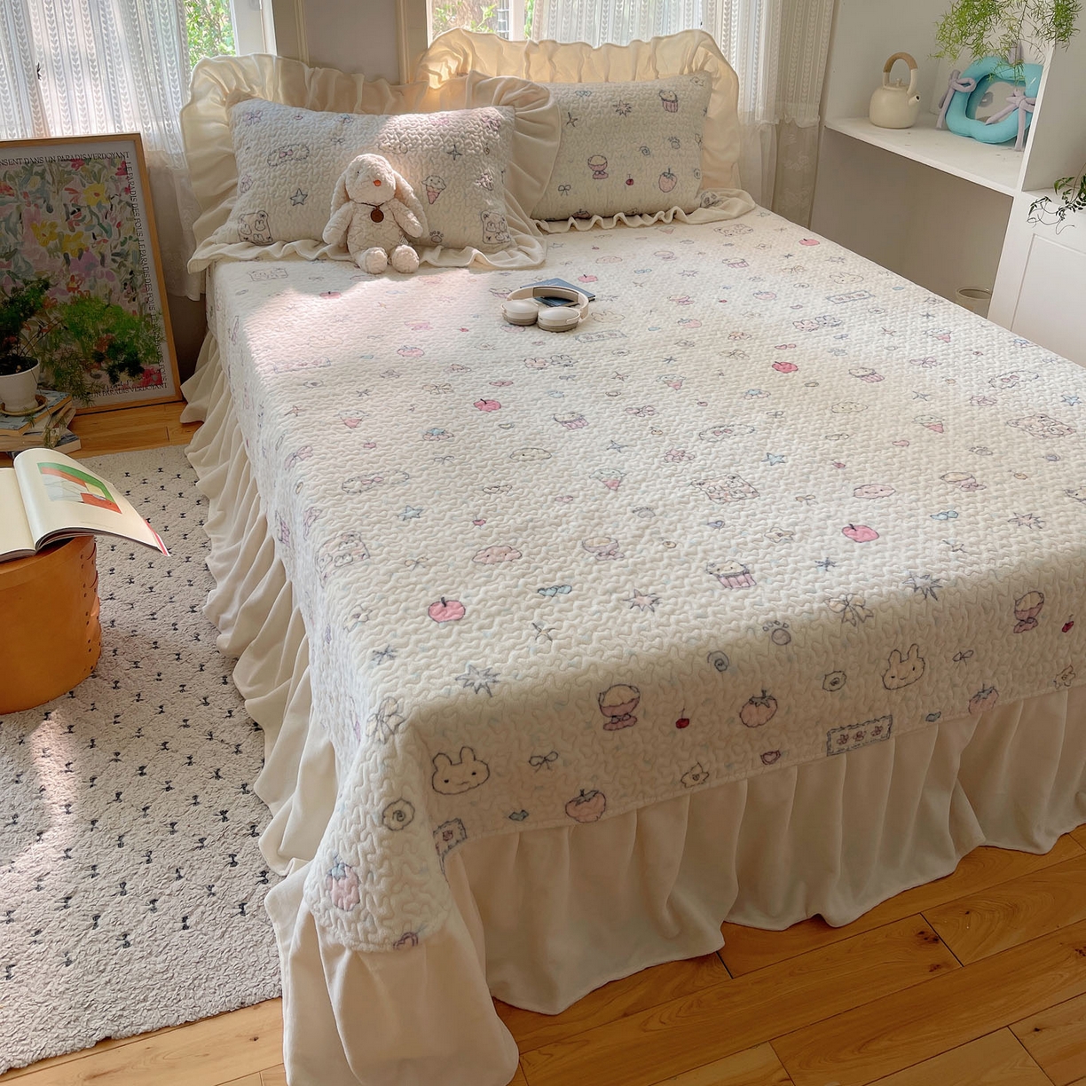 91家纺网 家纺一手货源 找家纺 红嘴企鹅 2025新款花边加厚牛奶绒单品床盖单件床盖三件套 小星甜点