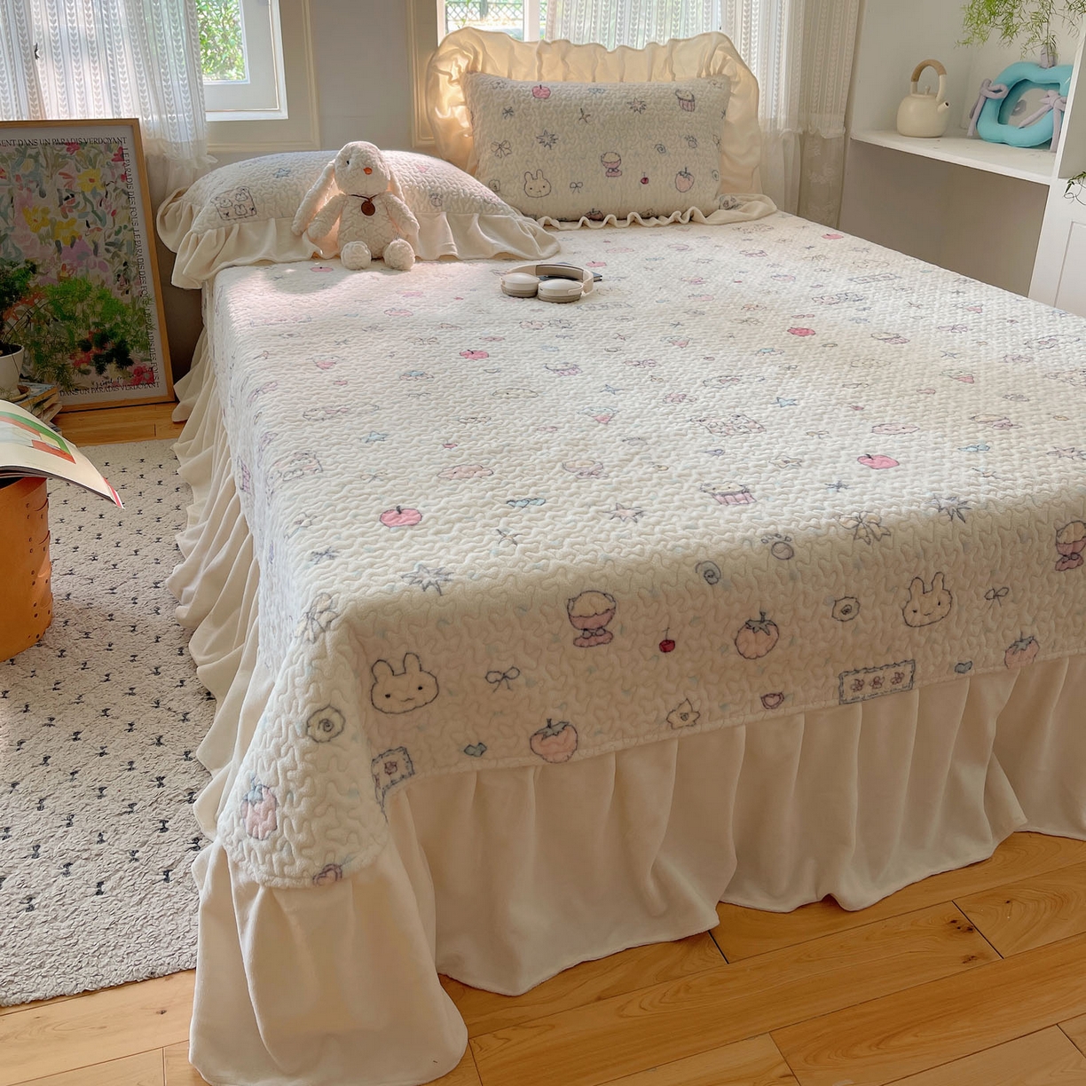 91家纺网 家纺一手货源 找家纺 红嘴企鹅 2025新款花边加厚牛奶绒单品床盖单件床盖三件套 小星甜点