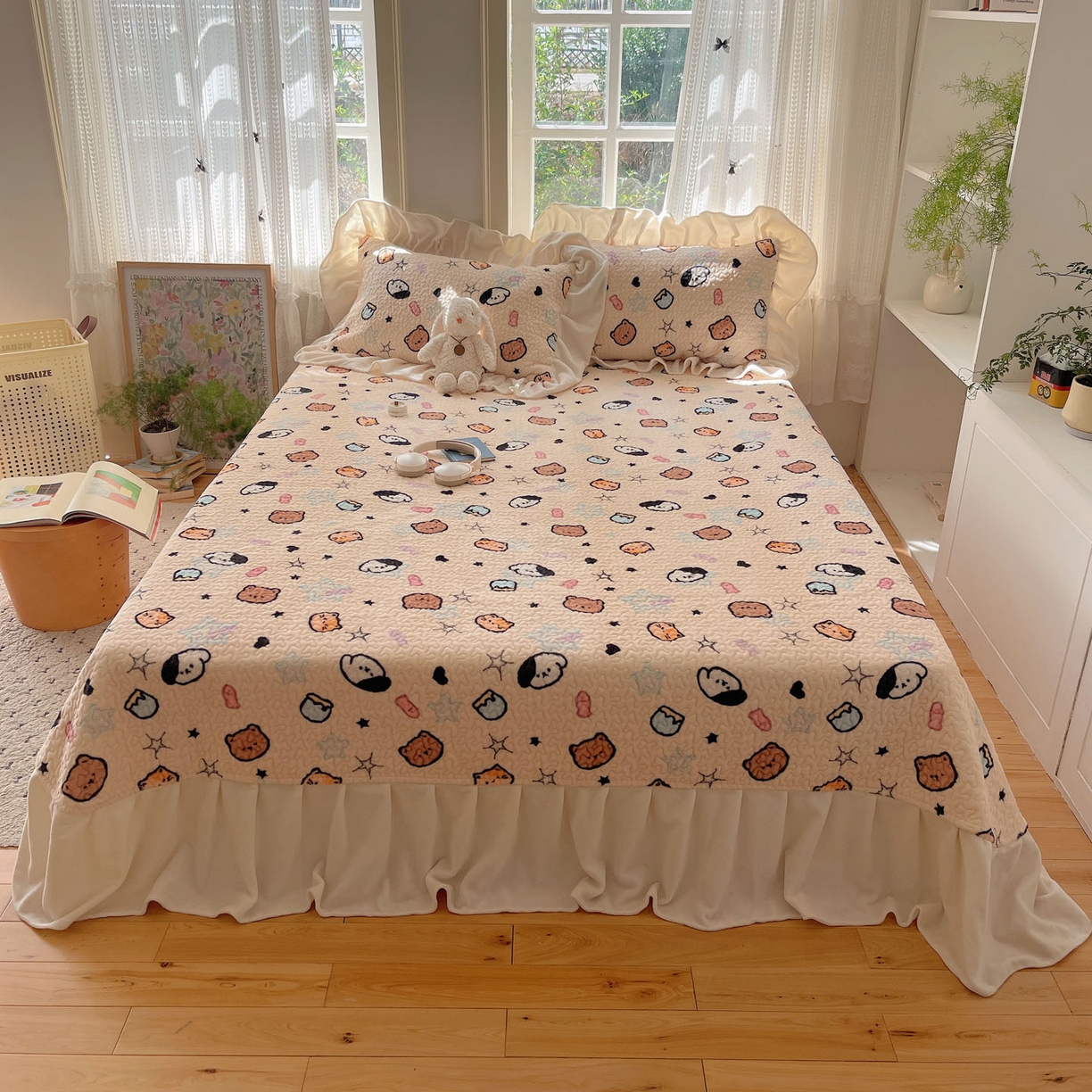 91家纺网 家纺一手货源 找家纺 红嘴企鹅 2025新款花边加厚牛奶绒单品床盖单件床盖三件套 星星乐园