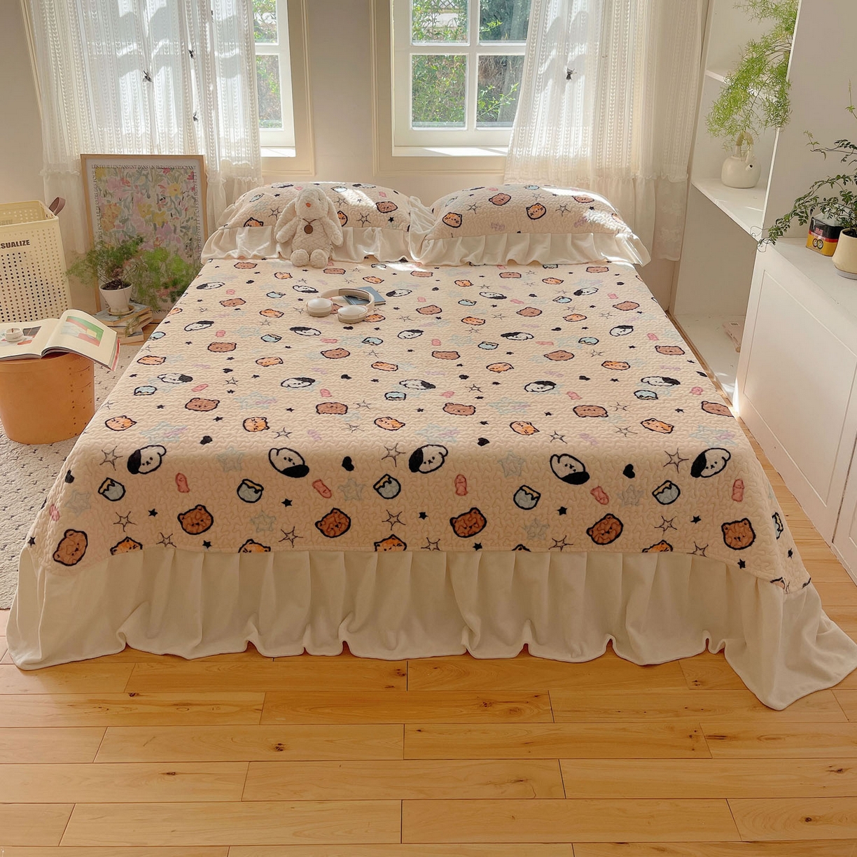 91家纺网 家纺一手货源 找家纺 红嘴企鹅 2025新款花边加厚牛奶绒单品床盖单件床盖三件套 星星乐园