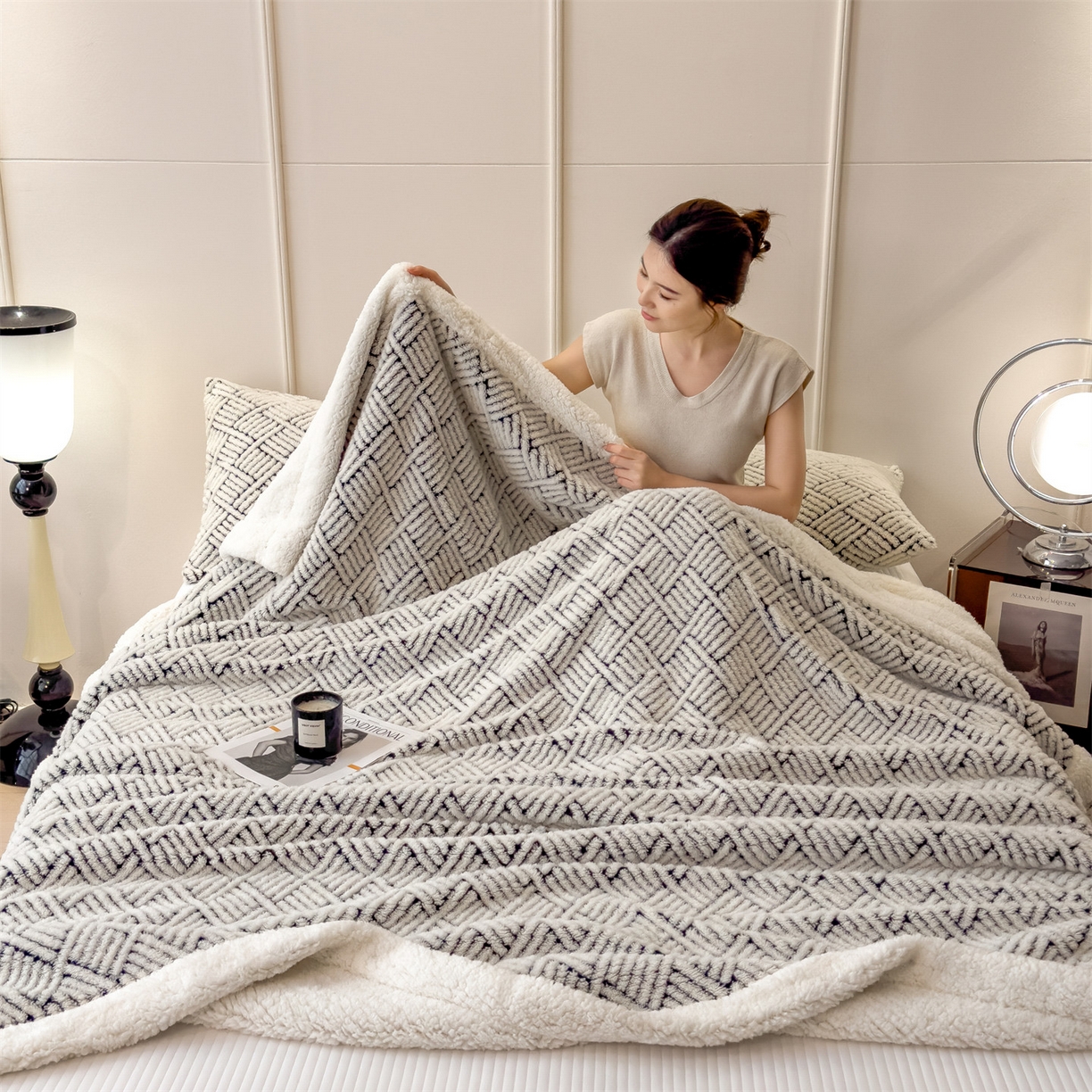 91家纺网 家纺一手货源 找家纺 （总）欧邦 2025新款提花暖阳绒羊羔绒毛毯多功能盖毯-梦境系列