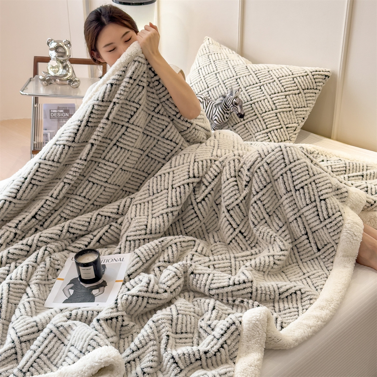 91家纺网 家纺一手货源 找家纺 （总）欧邦 2025新款提花暖阳绒羊羔绒毛毯多功能盖毯-梦境系列