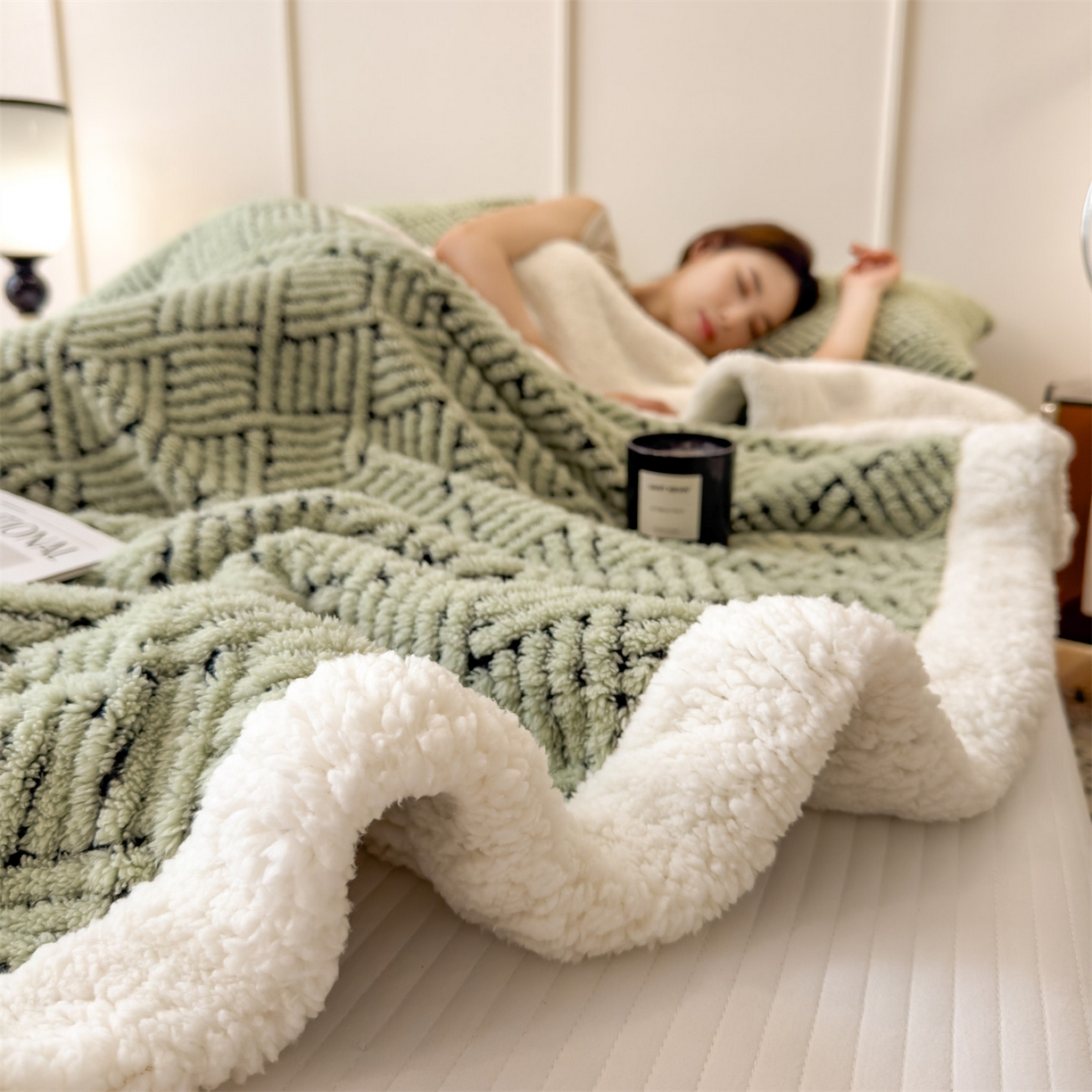 91家纺网 家纺一手货源 找家纺 欧邦 2025新款提花暖阳绒羊羔绒毛毯多功能盖毯-梦境系列 梦境-桑绿