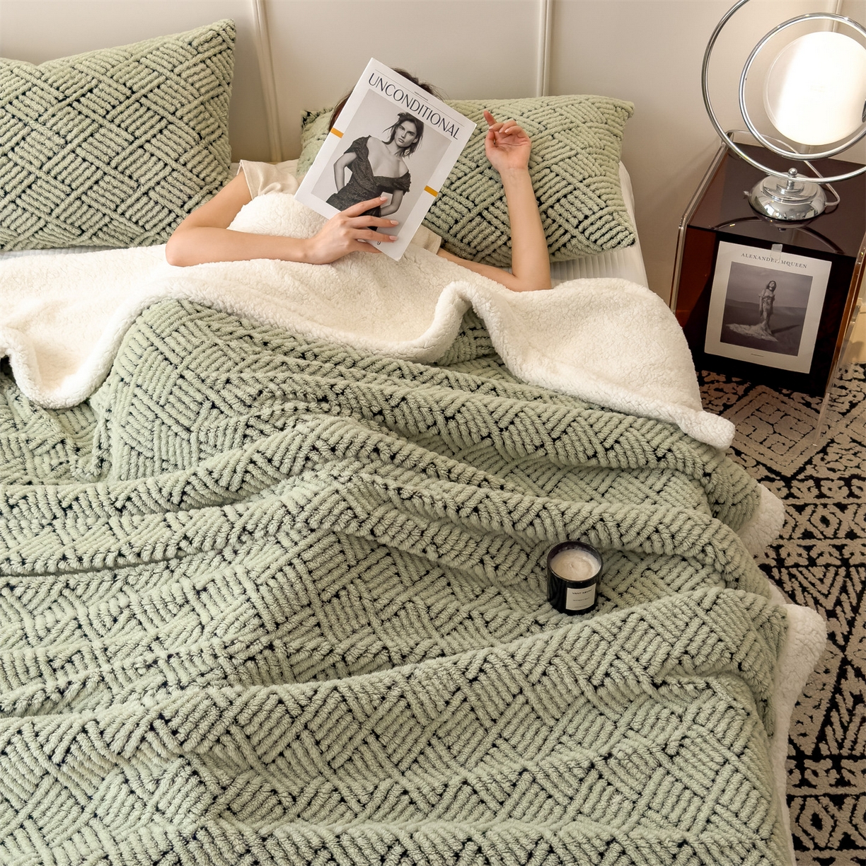 91家纺网 家纺一手货源 找家纺 欧邦 2025新款提花暖阳绒羊羔绒毛毯多功能盖毯-梦境系列 梦境-桑绿