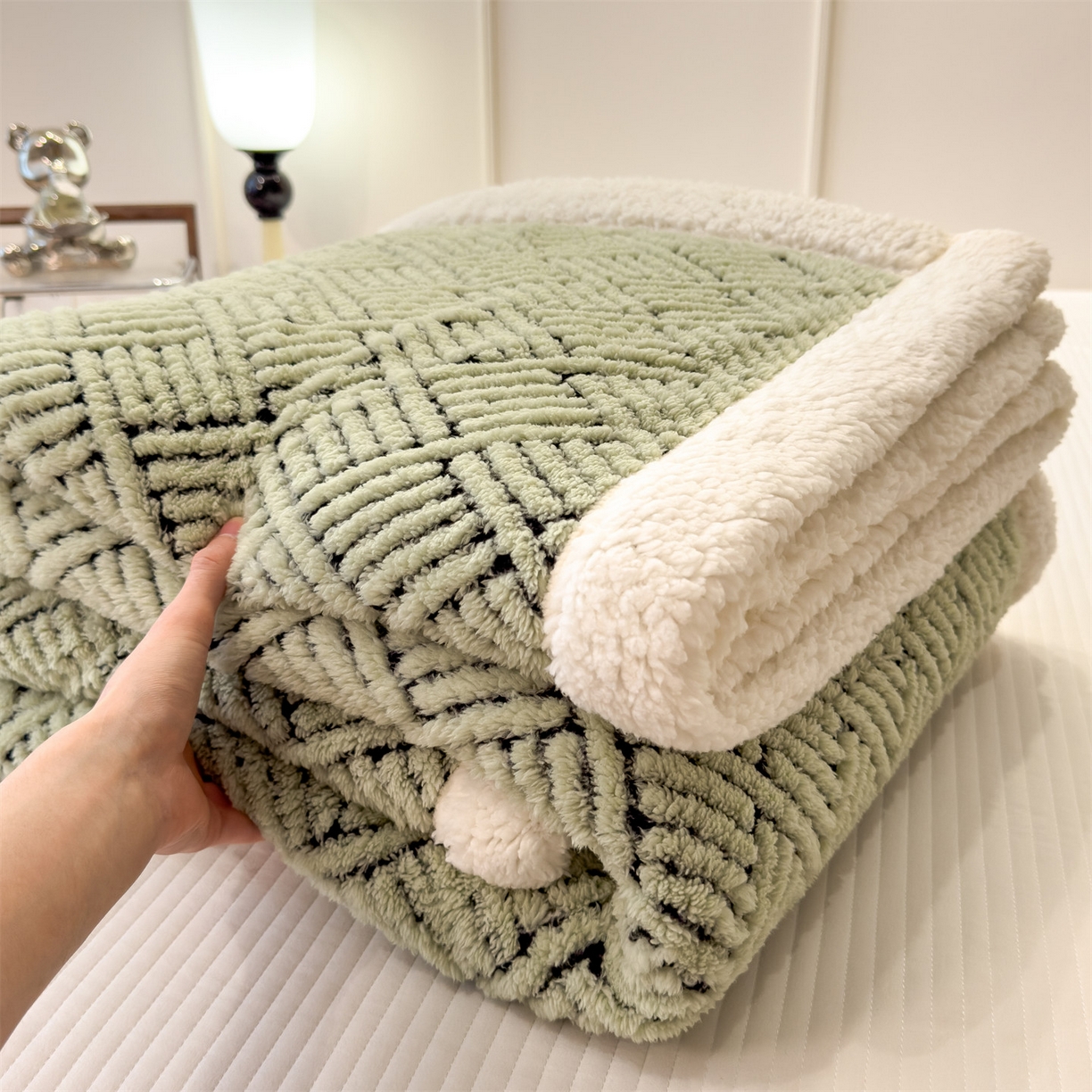 91家纺网 家纺一手货源 找家纺 欧邦 2025新款提花暖阳绒羊羔绒毛毯多功能盖毯-梦境系列 梦境-桑绿