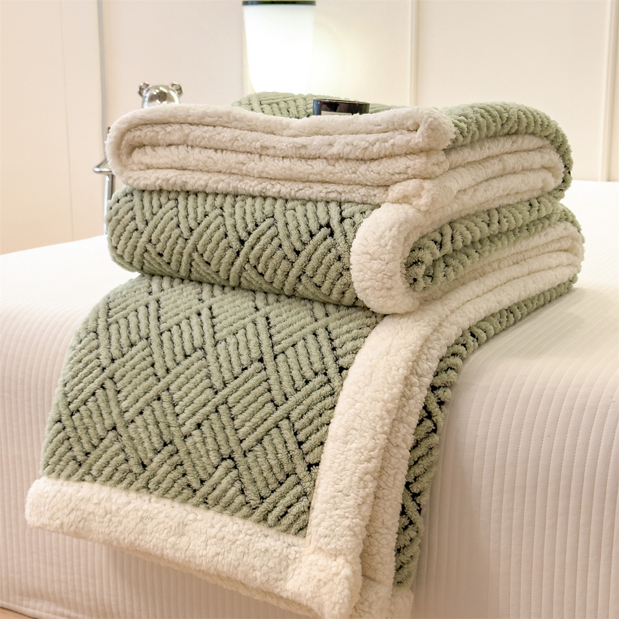 91家纺网 家纺一手货源 找家纺 欧邦 2025新款提花暖阳绒羊羔绒毛毯多功能盖毯-梦境系列 梦境-桑绿