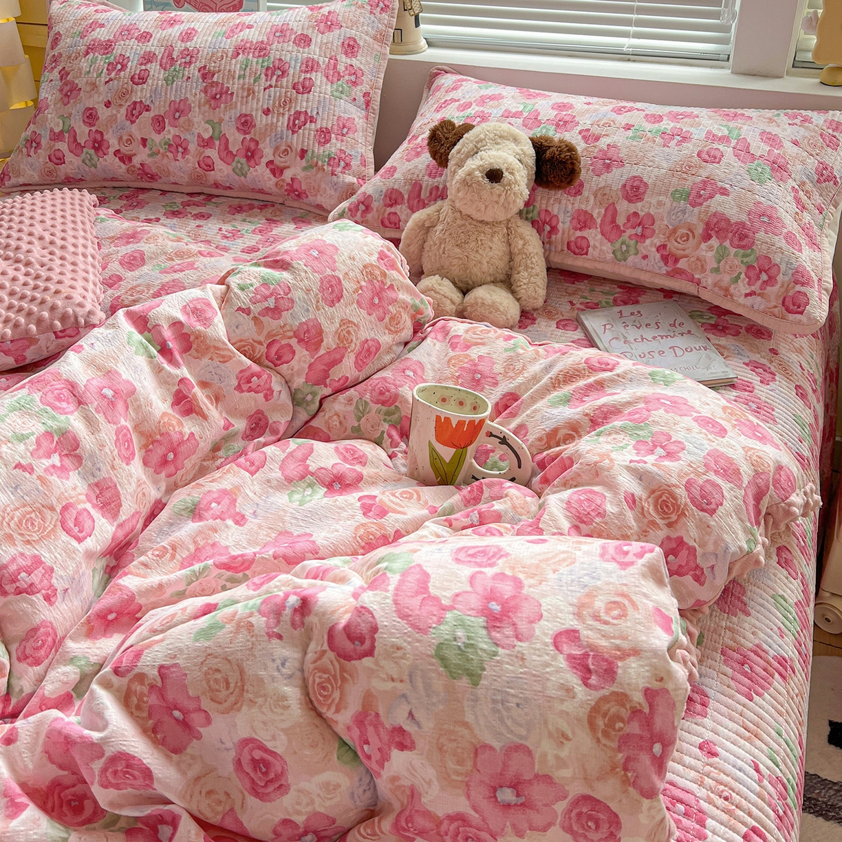 91家纺网 家纺一手货源 找家纺 优选 2025新款木棉双层纱ins少女心可爱加厚豆豆冬被四件套床盖三件套暖梦小红书推荐 十里桃花