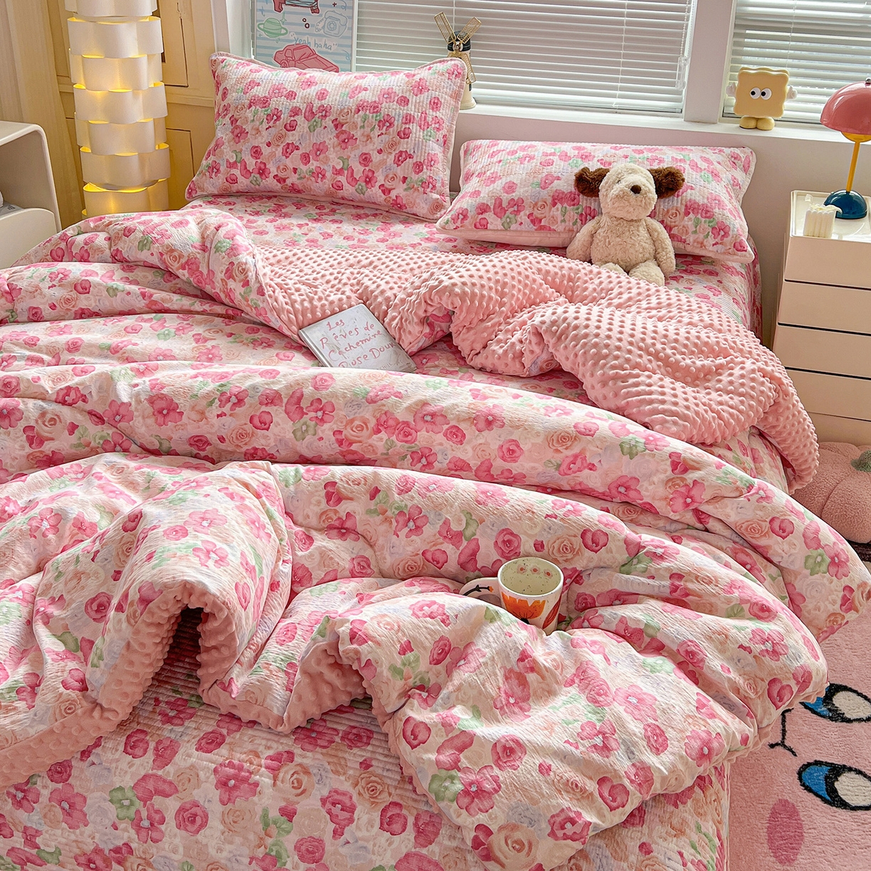 91家纺网 家纺一手货源 找家纺 优选 2025新款木棉双层纱ins少女心可爱加厚豆豆冬被四件套床盖三件套暖梦小红书推荐 十里桃花