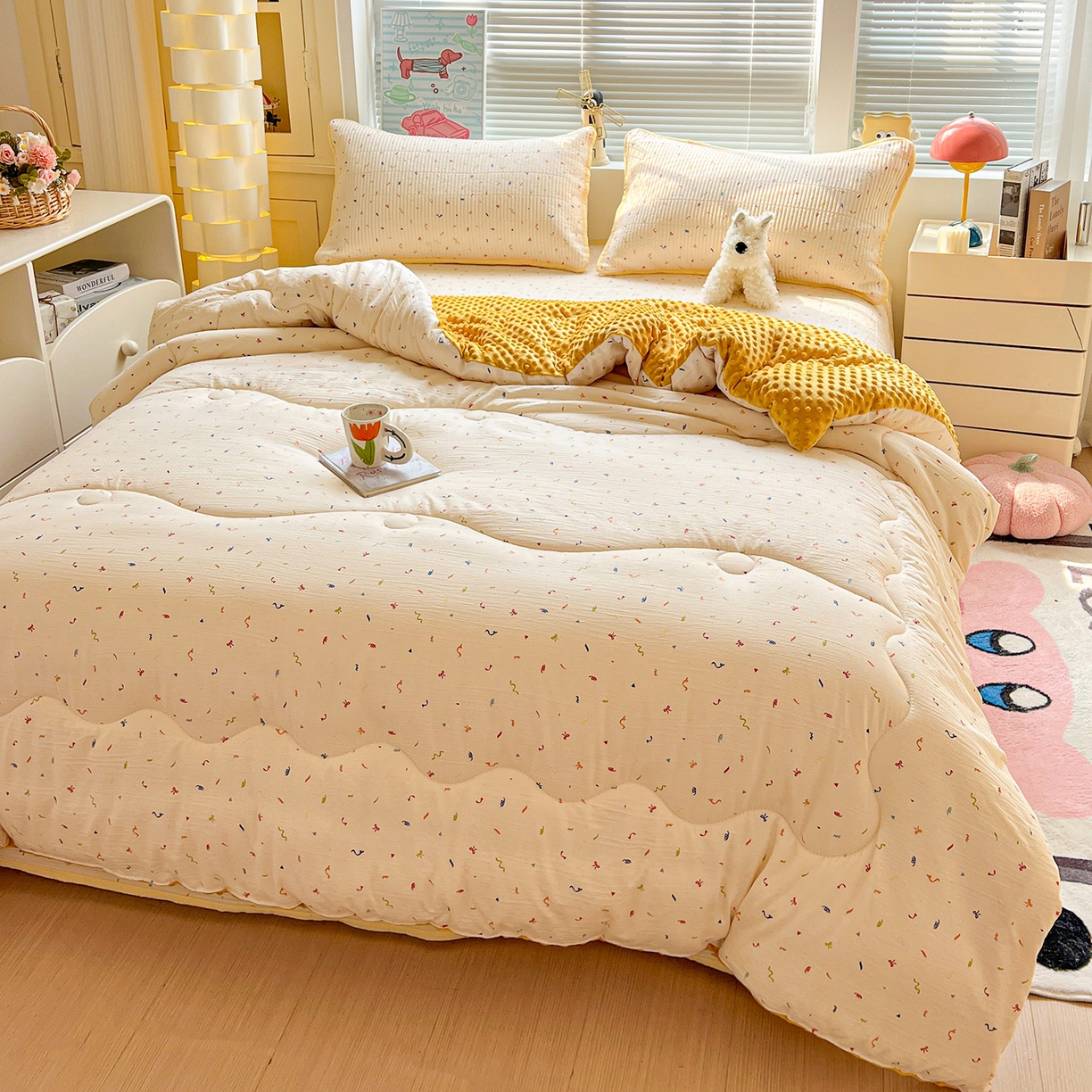 91家纺网 家纺一手货源 找家纺 优选 2025新款木棉双层纱ins少女心可爱加厚豆豆冬被四件套床盖三件套暖梦小红书推荐 音乐篇章