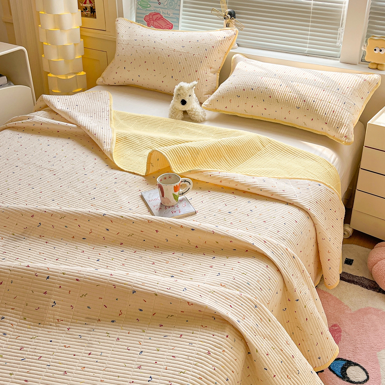 91家纺网 家纺一手货源 找家纺 优选 2025新款木棉双层纱ins少女心可爱加厚豆豆冬被四件套床盖三件套暖梦小红书推荐 音乐篇章