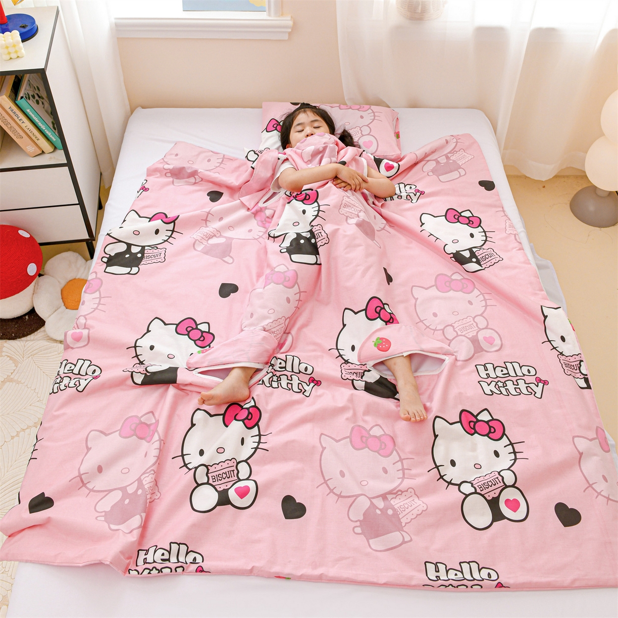 91家纺网 家纺一手货源 找家纺 名兮家居 2025新款正版授权全棉纯棉儿童护肚防踢睡袋 防踢被-爱心kt