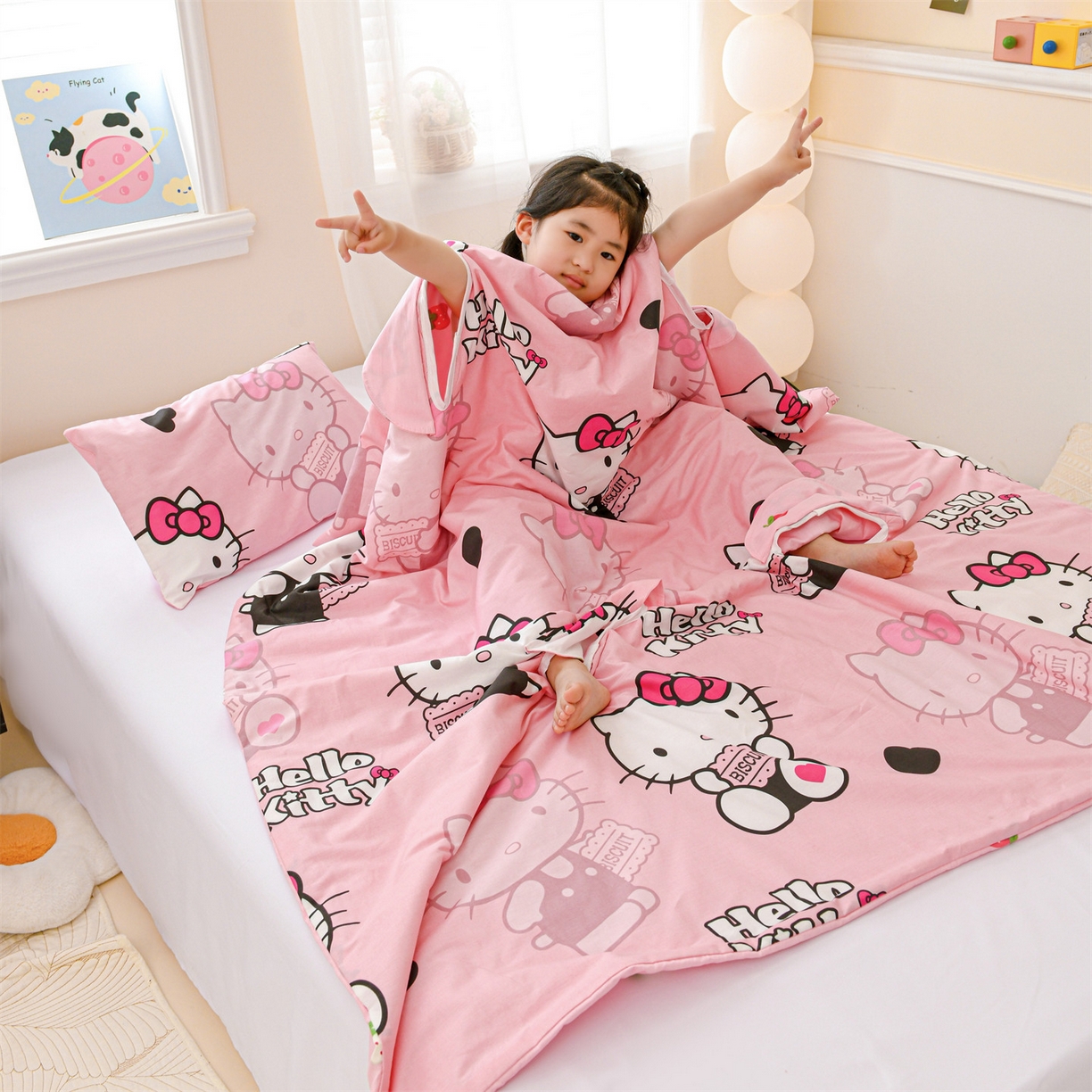 91家纺网 家纺一手货源 找家纺 名兮家居 2025新款正版授权全棉纯棉儿童护肚防踢睡袋 防踢被-爱心kt